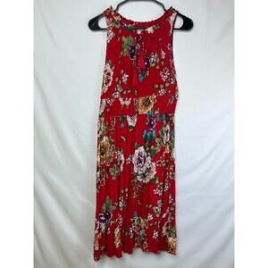 Bila Womens Med Red Sleeveless Knee Length Floral Print Summer Sundress